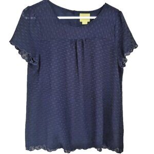 Maeve Anthropologie Womens Sheer Swiss Dot Top 12 Navy Textured Flutter Sleeve